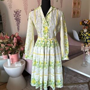 Vintage cotton 50s long sleeve yellow and white floral dress